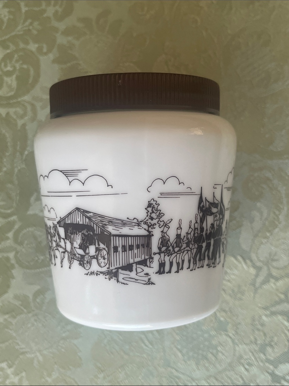 Vintage 1970s Milk Glass Oktoberfest Parade Spice Jar with Brown Lid